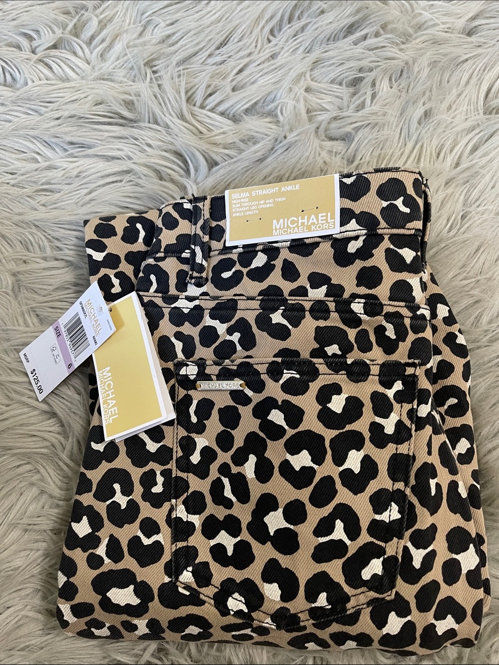 Michael Kors selma straight ankle 
Khaki Leopard Print Jeans in Tan and Black